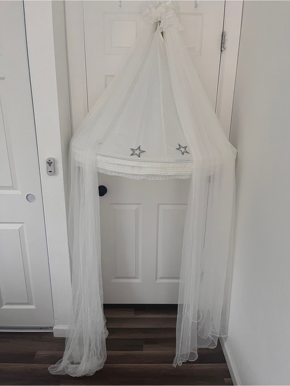 White Canopy Bed Crown with Star Accents - Elegant Nursery Canopy